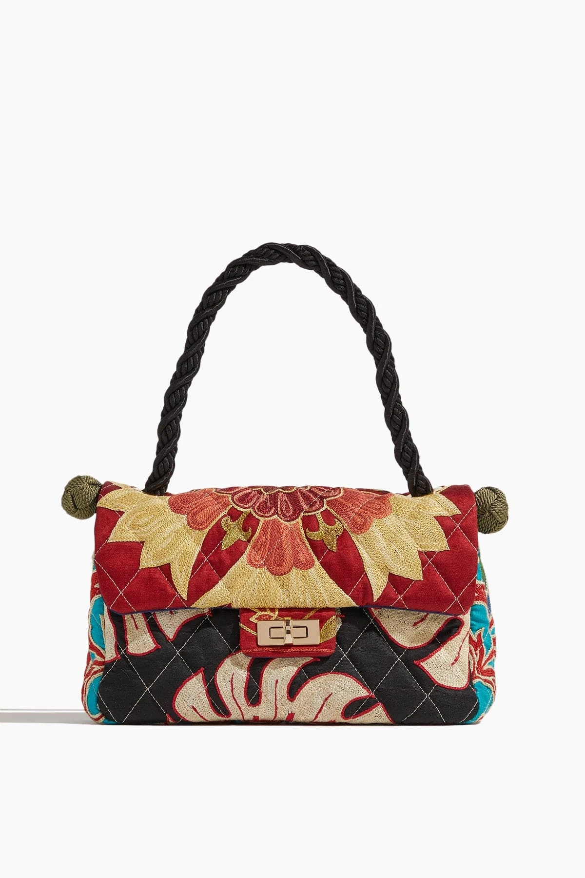 One Of A Kind Bonbon Embroidery Bag In Black Strap/Burgundy Flap