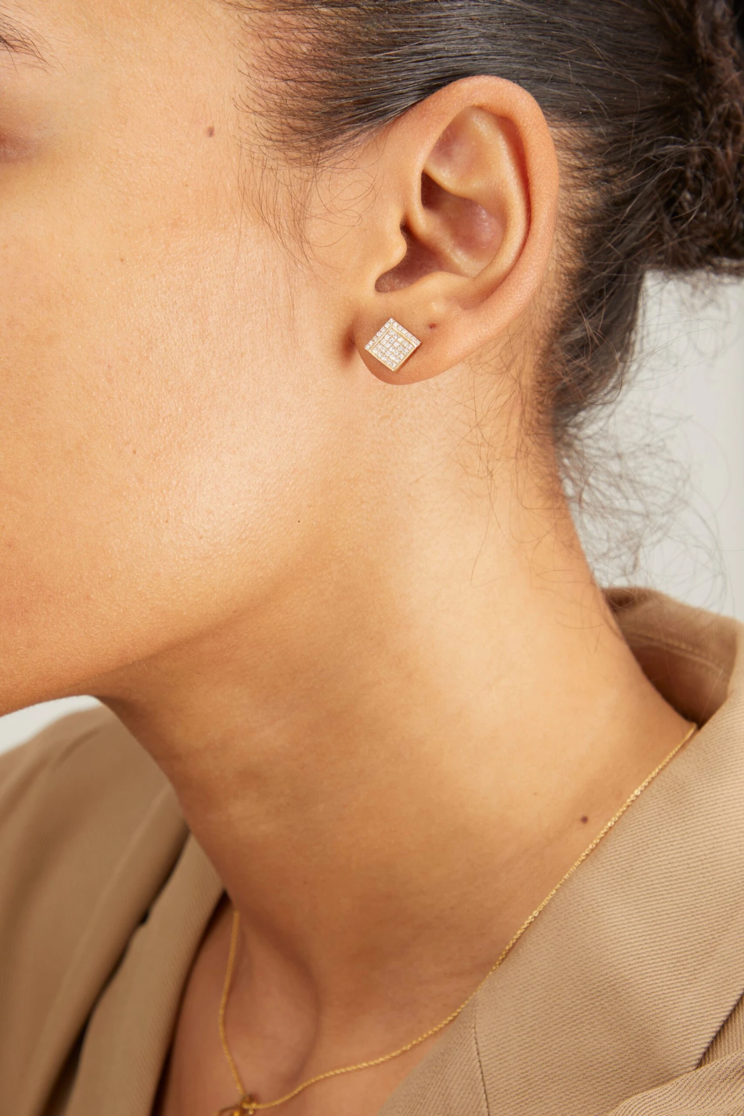 Pave Diamond Art Deco Square Earring In Yellow Gold - Image 2