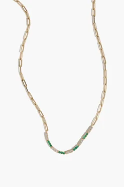 Emerald And Diamond Paper Clip Necklace In 14K Gold