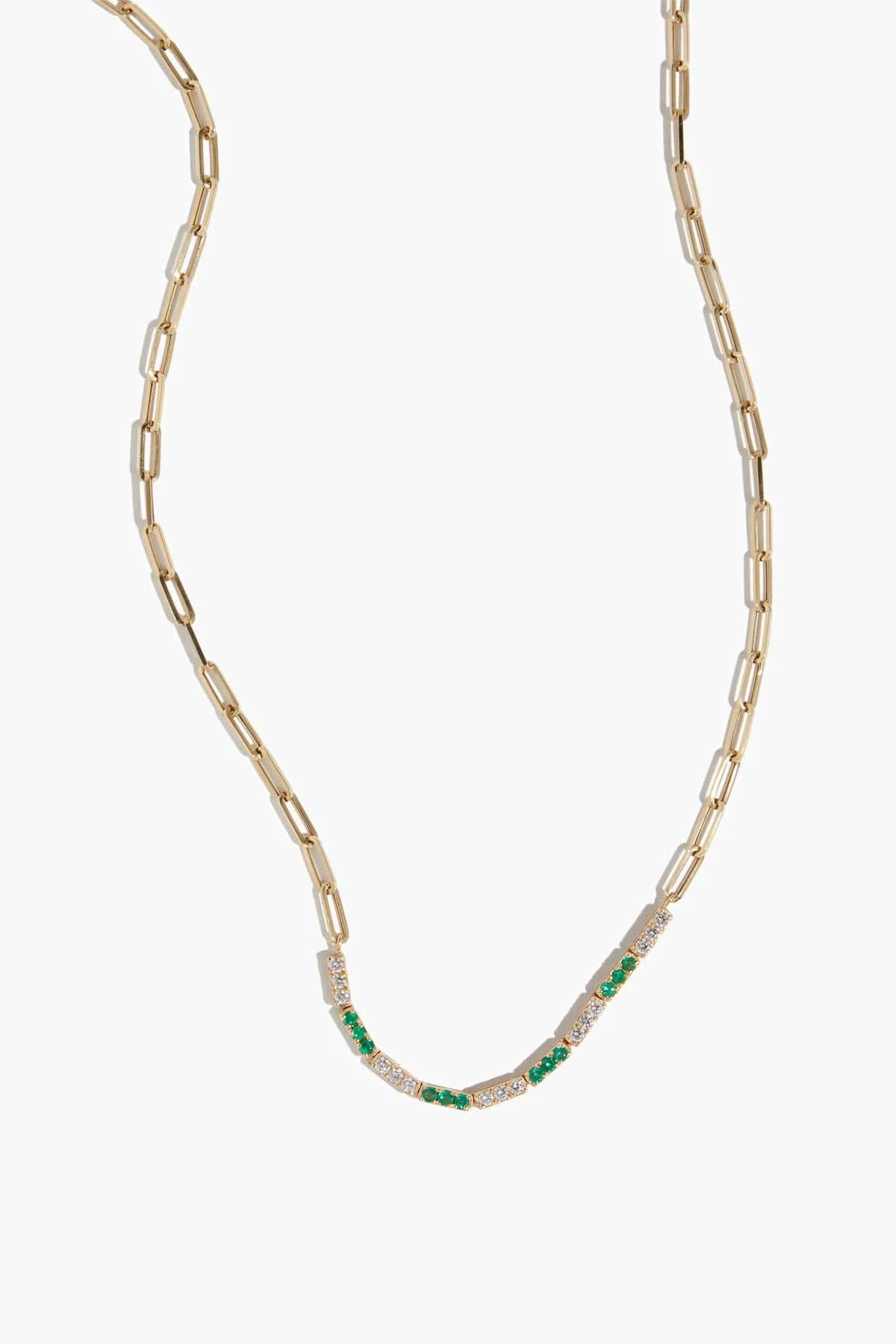 Emerald And Diamond Paper Clip Necklace In 14K Gold