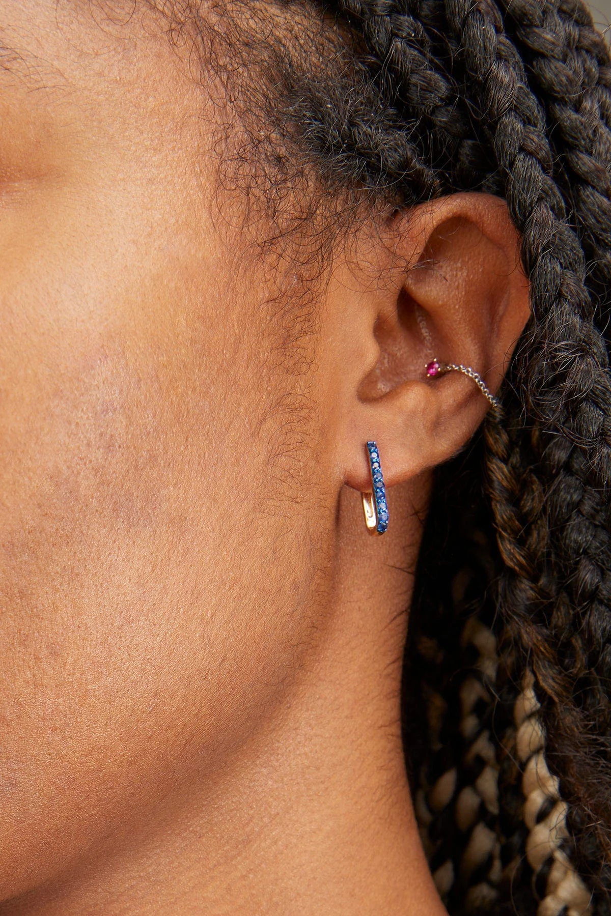 Blue Sapphire Elongated Huggies In 14k Yellow Gold - Image 2