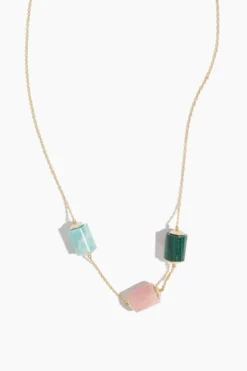 Yellow Gold Deco Cilindro Trio Necklace In Amazonite/Pink Opal/Malachite