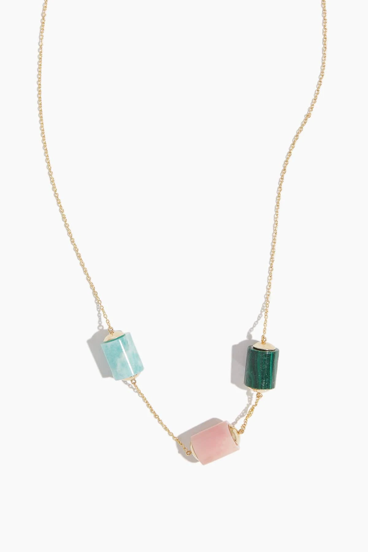 Yellow Gold Deco Cilindro Trio Necklace In Amazonite/Pink Opal/Malachite
