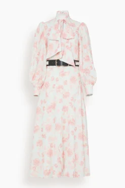 Kassia Tie Neck Midi Dress In Anemone Print In Rouge