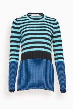 Slinky Stripe Long Sleeve Sweater In Aqua/Black/Oxford Blue