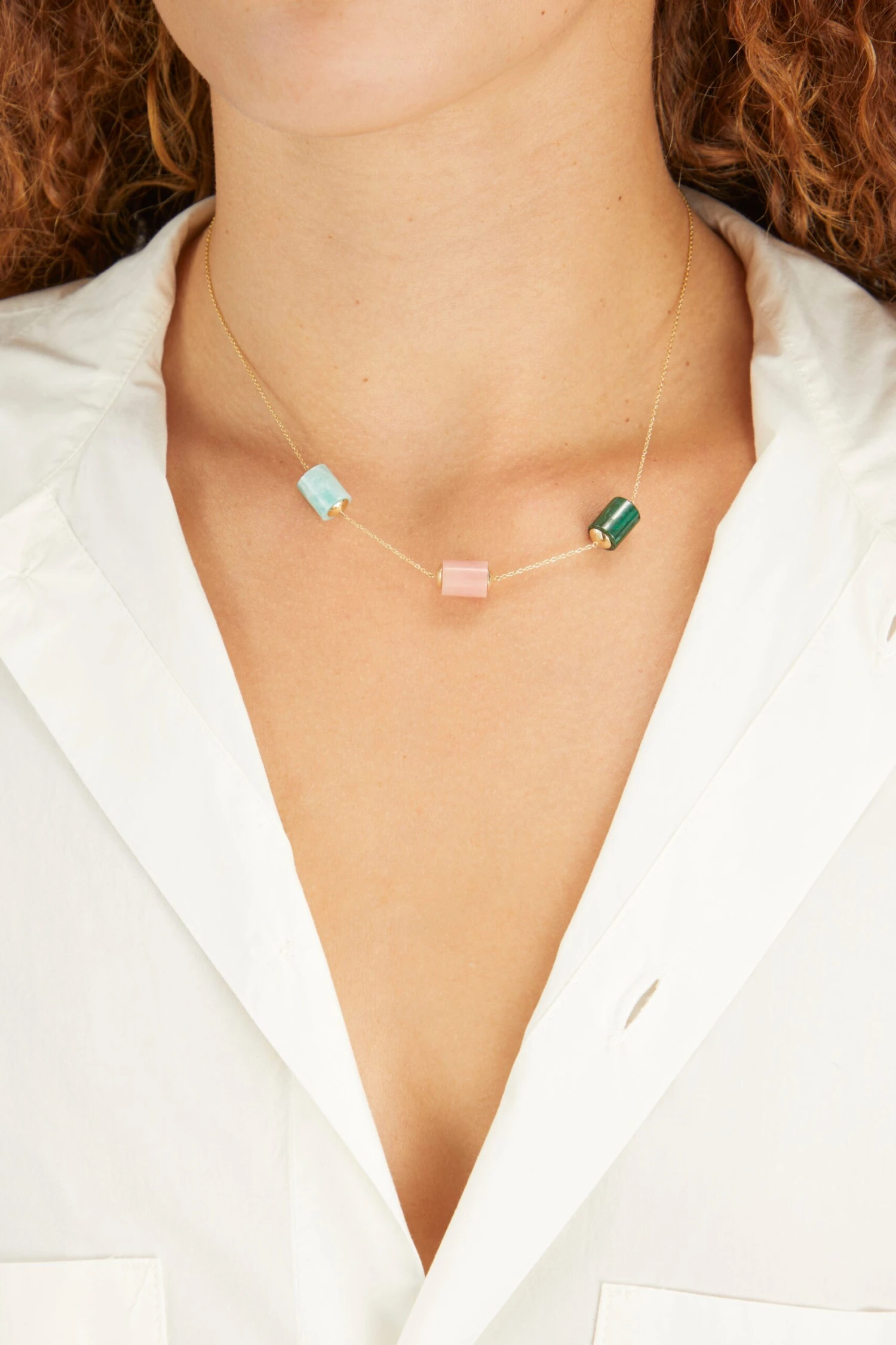 Yellow Gold Deco Cilindro Trio Necklace In Amazonite/Pink Opal/Malachite - Image 2