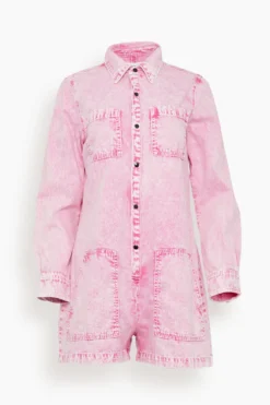 Japanese Denim Romper In Acid Pink